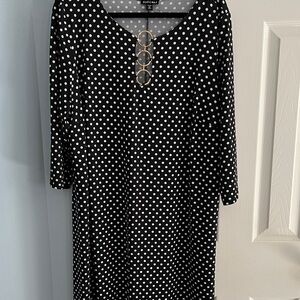 Roz & Ali Black and White Polka Dot Long Sleeve Dress with Gold Ring Accents